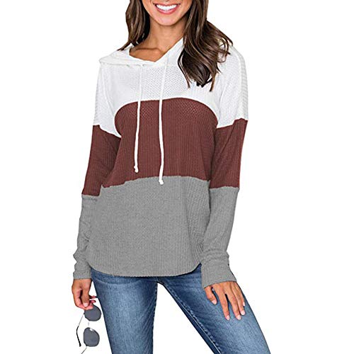 Camiseta de Manga Larga Color Bloque Waffle de Punto con cordón suéter Sudadera con Capucha para Mujer (M,Rojo Malva)