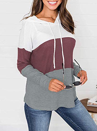 Camiseta de Manga Larga Color Bloque Waffle de Punto con cordón suéter Sudadera con Capucha para Mujer (M,Rojo Malva)