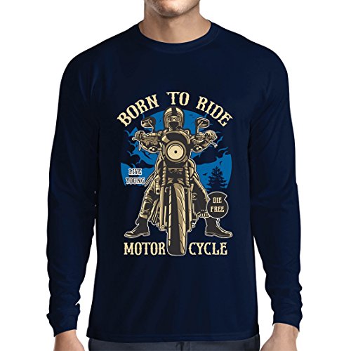 Camiseta de Manga Larga para Hombre Live Young - Die Free - Nacido para Montar en Moto, Ideas de Regalos para Ciclistas, Lemas inspiradores (Medium Azul Multicolor)