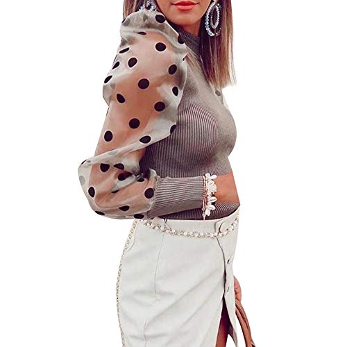 Camiseta Manga Larga para Mujer Blusa Crop Tops con Manga Transparente de Lunares y Cuello Alto Mujer Bodysuit Clubwear Ropa Invierno Primavera (Caqui, S)