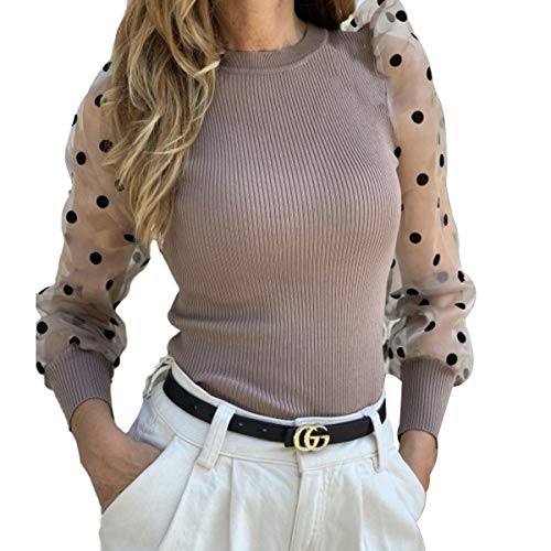 Camiseta Manga Larga para Mujer Blusa Crop Tops con Manga Transparente de Lunares y Cuello Alto Mujer Bodysuit Clubwear Ropa Invierno Primavera (Caqui, S)