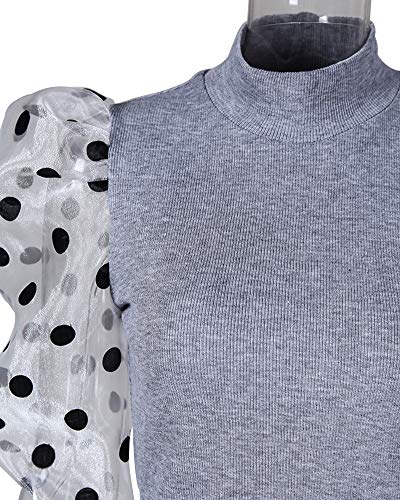 Camiseta Manga Larga para Mujer Blusa Crop Tops con Manga Transparente de Lunares y Cuello Alto Mujer Bodysuit Clubwear Ropa Invierno Primavera (Caqui, M)