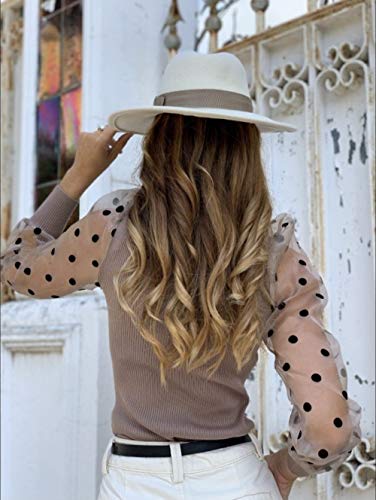 Camiseta Manga Larga para Mujer Blusa Crop Tops con Manga Transparente de Lunares y Cuello Alto Mujer Bodysuit Clubwear Ropa Invierno Primavera (Caqui, M)
