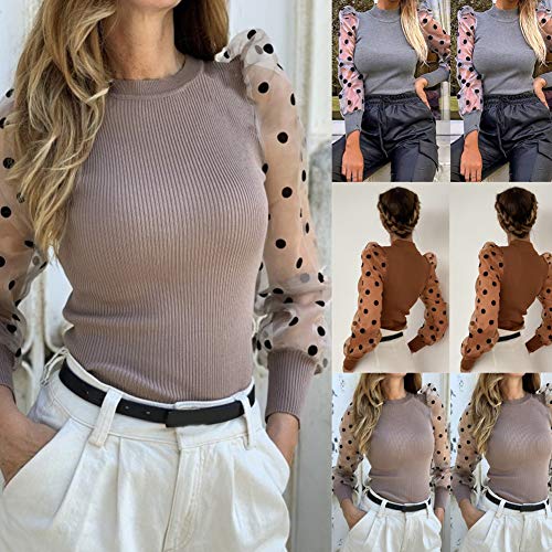 Camiseta Manga Larga para Mujer Blusa Crop Tops con Manga Transparente de Lunares y Cuello Alto Mujer Bodysuit Clubwear Ropa Invierno Primavera (Caqui, M)
