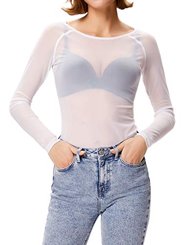 Camiseta Mujer Elegante Blusa Cuello Redondo Camisa Clubwear Blanca Transparente S CL011046-2