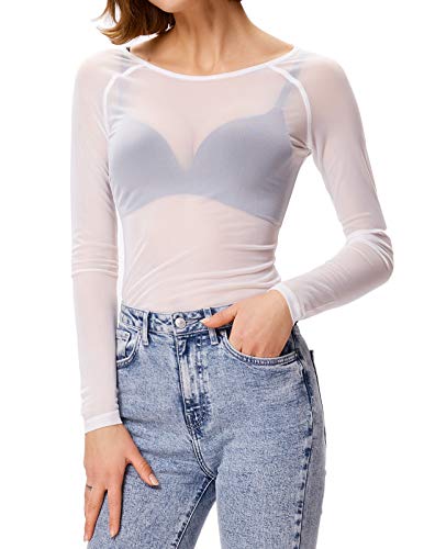 Camiseta Mujer Elegante Blusa Cuello Redondo Camisa Clubwear Blanca Transparente S CL011046-2