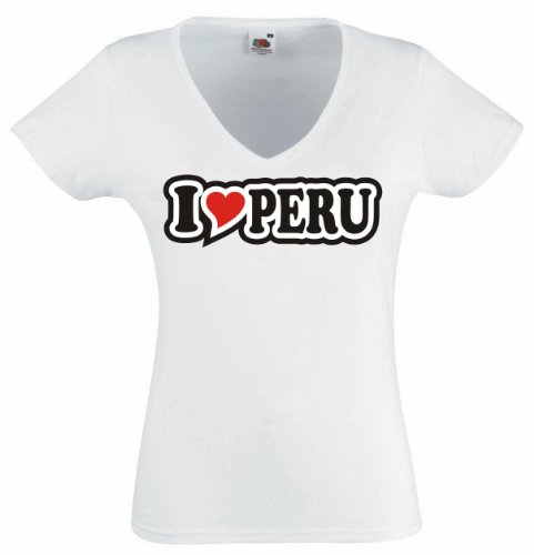 Camiseta mujer - I Love Heart - Blanco Cuello pico I Love Peru XL - Carnaval fiesta divertido regalo deporte