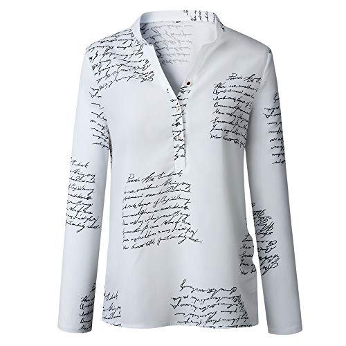 Camiseta para Mujer, Camisa de Manga Larga con Botones y Cuello en V Top Letter Print ImpresióN T Shirt Casual BotónPrimavera Blusa Oficina Moda T-Shirt Sudadera riou (Blanco, XL)