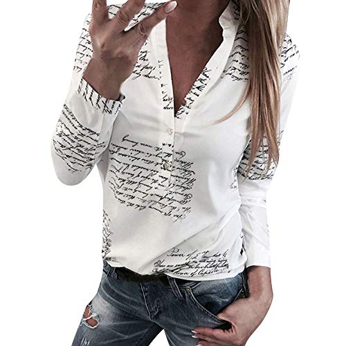 Camiseta para Mujer, Camisa de Manga Larga con Botones y Cuello en V Top Letter Print ImpresióN T Shirt Casual BotónPrimavera Blusa Oficina Moda T-Shirt Sudadera riou (Blanco, XL)