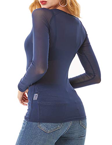 Camiseta Transparente Mujer Manga Larga Cuello Redondo para Ropa Interior Azul Clubwear L CL011046-4