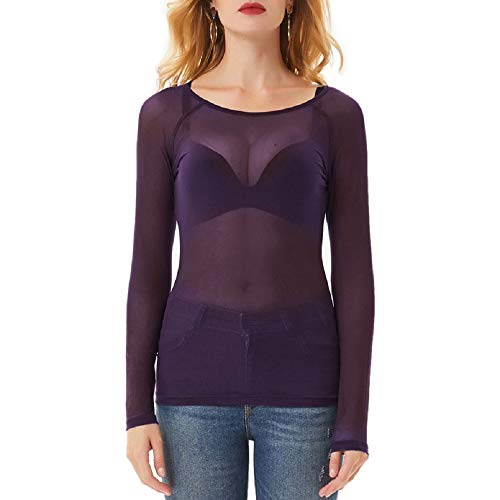 Camiseta Transparente Mujer Manga Larga Cuello Redondo para Ropa Interior Púrpura Clubwear L CL011046-7