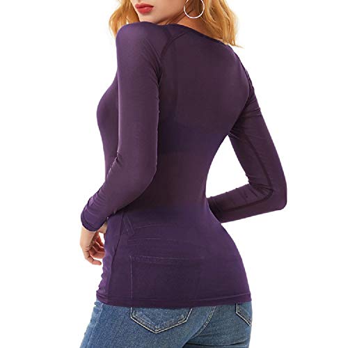 Camiseta Transparente Mujer Manga Larga Cuello Redondo para Ropa Interior Púrpura Clubwear L CL011046-7