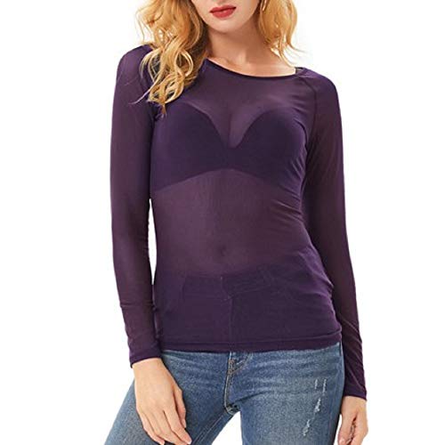 Camiseta Transparente Mujer Manga Larga Cuello Redondo para Ropa Interior Púrpura Clubwear L CL011046-7