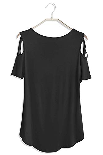 Camisetas de Manga Corta para Mujer Hombro Frío Blusas con Cuello Redondo sin Hombro Tops Camisa Elegante Casual Color Liso T-Shirt (L, B_Negro)