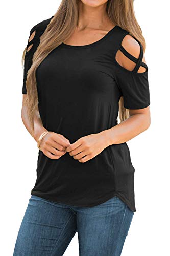 Camisetas de Manga Corta para Mujer Hombro Frío Blusas con Cuello Redondo sin Hombro Tops Camisa Elegante Casual Color Liso T-Shirt (L, B_Negro)