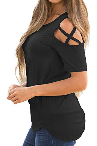 Camisetas de Manga Corta para Mujer Hombro Frío Blusas con Cuello Redondo sin Hombro Tops Camisa Elegante Casual Color Liso T-Shirt (L, B_Negro)