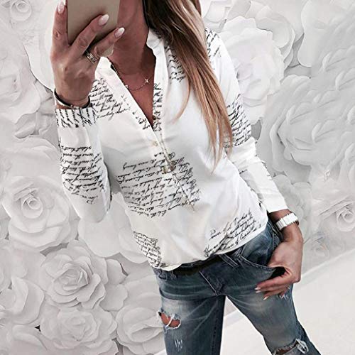 Camisetas Mujer SHOBDW Regalo del día de la Mujer Verano Primavera Cuello En V Impresión De Cartas Botón Tops De Manga Larga Camisa De Trabajo De Damas Talla Grande Blusa Suelta(Blanco,S)