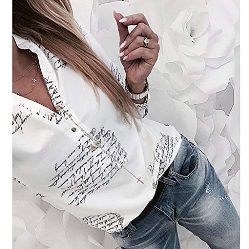 Camisetas Mujer SHOBDW Regalo del día de la Mujer Verano Primavera Cuello En V Impresión De Cartas Botón Tops De Manga Larga Camisa De Trabajo De Damas Talla Grande Blusa Suelta(Blanco,S)