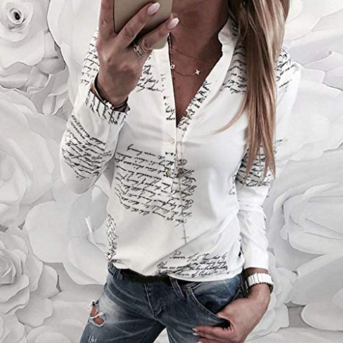 Camisetas Mujer SHOBDW Regalo del día de la Mujer Verano Primavera Cuello En V Impresión De Cartas Botón Tops De Manga Larga Camisa De Trabajo De Damas Talla Grande Blusa Suelta(Blanco,S)