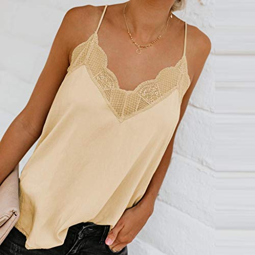 Camisetas Mujer SHOBDW Top De Satén De Seda Verano Playa Camisola Tops De Chaleco Liso con Tiras Sexy Blusa De Las Señoras Camisetas Sin Mangas Casuales Cami Tops para Mujeres(Beige,XL)