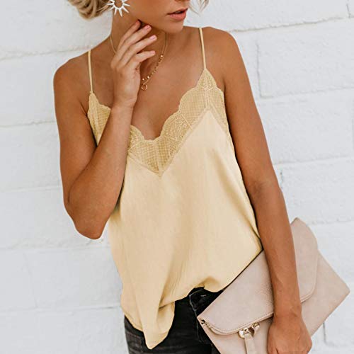 Camisetas Mujer SHOBDW Top De Satén De Seda Verano Playa Camisola Tops De Chaleco Liso con Tiras Sexy Blusa De Las Señoras Camisetas Sin Mangas Casuales Cami Tops para Mujeres(Beige,XL)