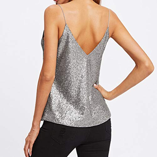 Camisetas sin Mangas Mujer Sexy sólido Moda con Cuello en V Tank Tops Lentejuelas Cultivos Top Camis Verano Blusa De Fiesta Mujer Ropa Tirantes Camiseta Riou