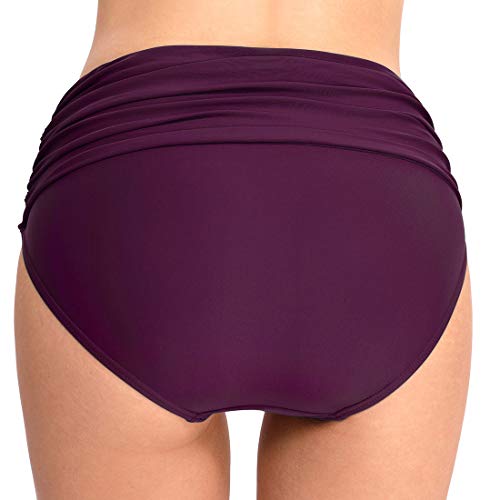 CAMLAKEE Braguita Bikini Talle Alto Mujer - Bikini Pantalon Corto Cintura Alta - Culotes de Bikinis con Fruncida Morado Oscuro M