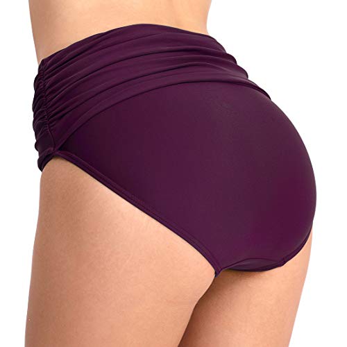 CAMLAKEE Braguita Bikini Talle Alto Mujer - Bikini Pantalon Corto Cintura Alta - Culotes de Bikinis con Fruncida Morado Oscuro M