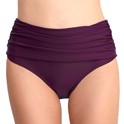 CAMLAKEE Braguita Bikini Talle Alto Mujer - Bikini Pantalon Corto Cintura Alta - Culotes de Bikinis con Fruncida Morado Oscuro M