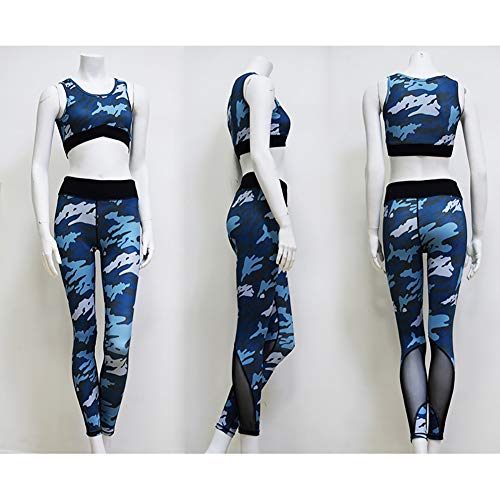 Camuflaje Impresión Gym Outfit,Mujeres 2 Piezas Polainas Y Sujetador Deportivo Leggings De Yoga De Alta Cintura Azul S