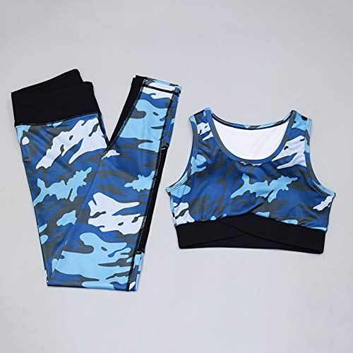 Camuflaje Impresión Gym Outfit,Mujeres 2 Piezas Polainas Y Sujetador Deportivo Leggings De Yoga De Alta Cintura Azul S