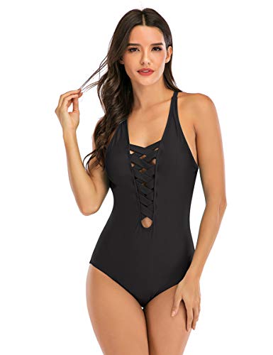 Canangminghangqi. Beachwear - Traje de baño para mujer entero con capucha ajustable cruzada frontal sexy Nero-1292 S
