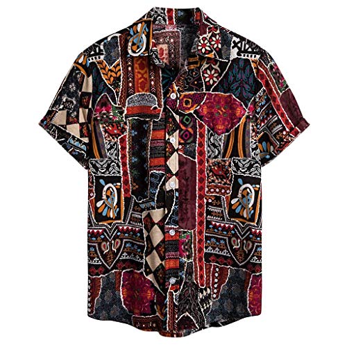 CAOQAO Camisa Lino Hawaiana Hombre Algodón de Lino Impresión de Hawaii Manga Corta Camisas Funky Blusa