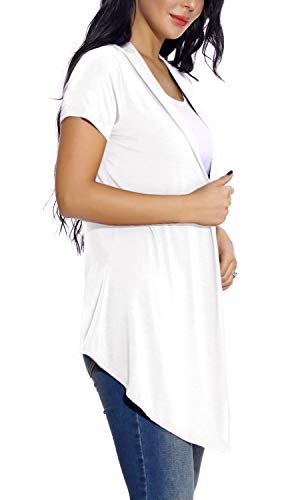 Cárdigan Suave Drapeado de Manga Corta para Mujer Cárdigan Ligero Sólido (S, Blanco)