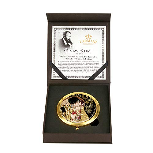 Carmani - Bolsillo de oro plateado bronce, compacto, viajes, Espejo decorado con pintura de Klimt 'El beso'