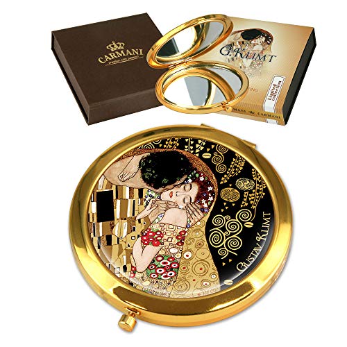 Carmani - Bolsillo de oro plateado bronce, compacto, viajes, Espejo decorado con pintura de Klimt 'El beso'