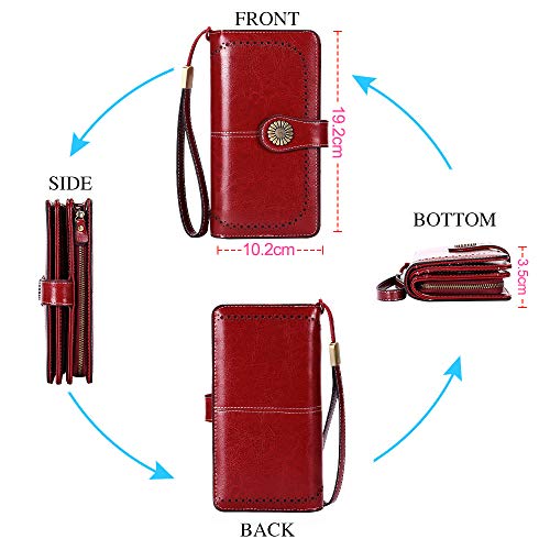 Cartera Cuero Mujer Bloqueo RFID Monedero Piel Mujer Grande con Muchos Bolsillos, Billetera Larga Mujer con Cremallera 26 Ranuras para Tarjetas, Carteras de Piel para Dama XXL (Rojo)