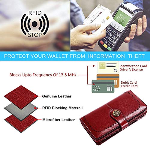 Cartera Cuero Mujer Bloqueo RFID Monedero Piel Mujer Grande con Muchos Bolsillos, Billetera Larga Mujer con Cremallera 26 Ranuras para Tarjetas, Carteras de Piel para Dama XXL (Rojo)