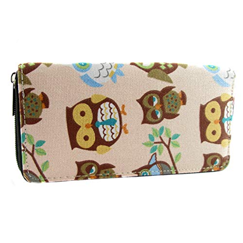 Cartera de Lona con Motivos artísticos Variados para Mujer con Monedero, Cremallera Circular y con compartimientos para Tarjetas. Estilo Juvenil, desenfadado, Moderno y Bohemio. (Beig Buhos)