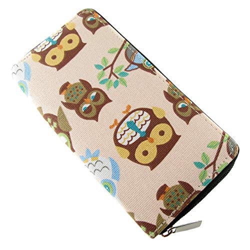 Cartera de Lona con Motivos artísticos Variados para Mujer con Monedero, Cremallera Circular y con compartimientos para Tarjetas. Estilo Juvenil, desenfadado, Moderno y Bohemio. (Beig Buhos)