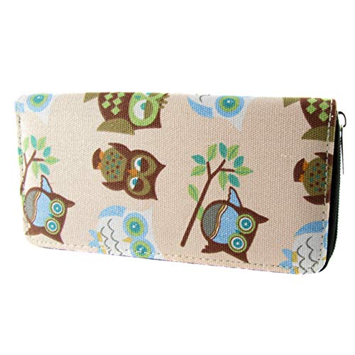 Cartera de Lona con Motivos artísticos Variados para Mujer con Monedero, Cremallera Circular y con compartimientos para Tarjetas. Estilo Juvenil, desenfadado, Moderno y Bohemio. (Beig Buhos)