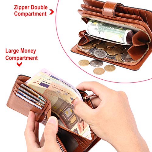 Cartera Mujer Mediana Bloqueo RFID Billeteras Mujer Piel Autentica con Cremallera, Gran Capacidad Billetera Monedero Mujer con Portafoto, Carteras Elegante Mujer con Correa Muñeca 13 Tarjetas (Marrón)