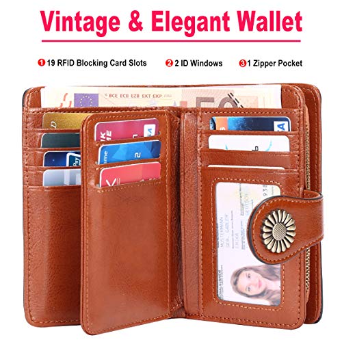 Cartera Mujer Mediana Bloqueo RFID Billeteras Mujer Piel Autentica con Cremallera, Gran Capacidad Billetera Monedero Mujer con Portafoto, Carteras Elegante Mujer con Correa Muñeca 13 Tarjetas (Marrón)