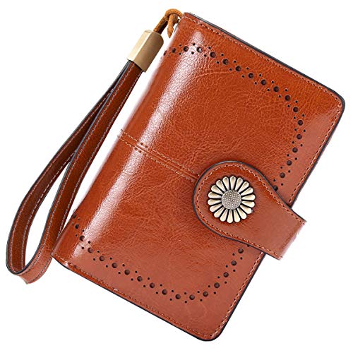 Cartera Mujer Mediana Bloqueo RFID Billeteras Mujer Piel Autentica con Cremallera, Gran Capacidad Billetera Monedero Mujer con Portafoto, Carteras Elegante Mujer con Correa Muñeca 13 Tarjetas (Marrón)