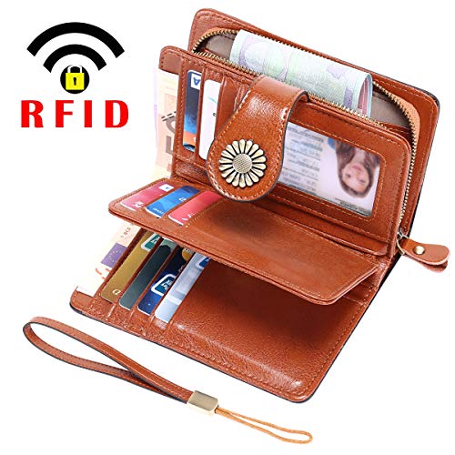Cartera Mujer Mediana Bloqueo RFID Billeteras Mujer Piel Autentica con Cremallera, Gran Capacidad Billetera Monedero Mujer con Portafoto, Carteras Elegante Mujer con Correa Muñeca 13 Tarjetas (Marrón)