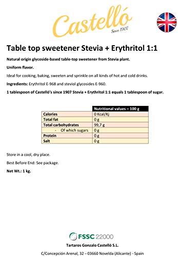 Castelló Since 1907 Edulcorante Stevia + Eritritol 1:1 - Bote de 1 kg
