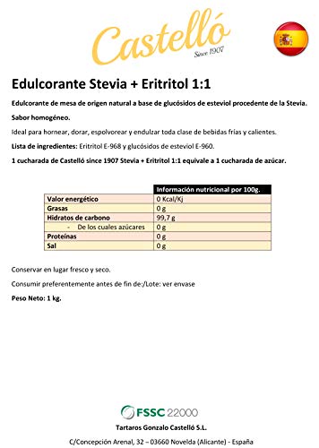 Castelló Since 1907 Edulcorante Stevia + Eritritol 1:1 - Bote de 1 kg
