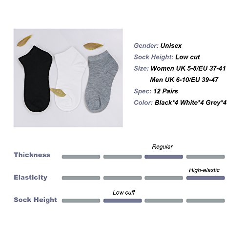 Caudblor 12 Pares No Show calcetines de corte bajo para hombres y mujeres, blanco/gris/negro-Hombre