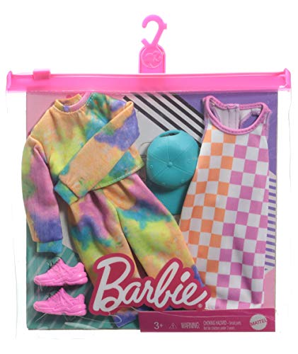 CDU Barbie Pack 2 looks de moda: ropa y accesorios de muñeca con motivo teñido tie dye y cuadros damas (Mattel GRC84)