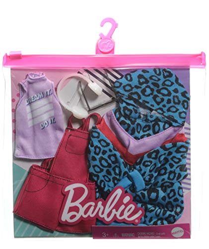 CDU Barbie Pack 2 looks de moda: ropa y accesorios de muñeca con peto y vestido sudadera de leopardo (Mattel GRC86)